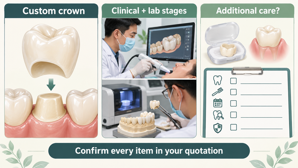 The quotation separates the crown from clinical stages and additional care. Educational illustration.