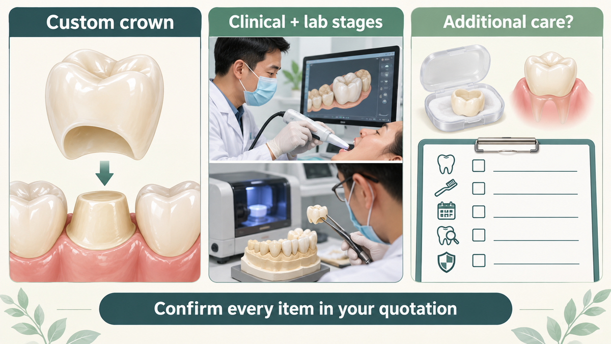 The quotation separates the crown from clinical stages and additional care. Educational illustration.