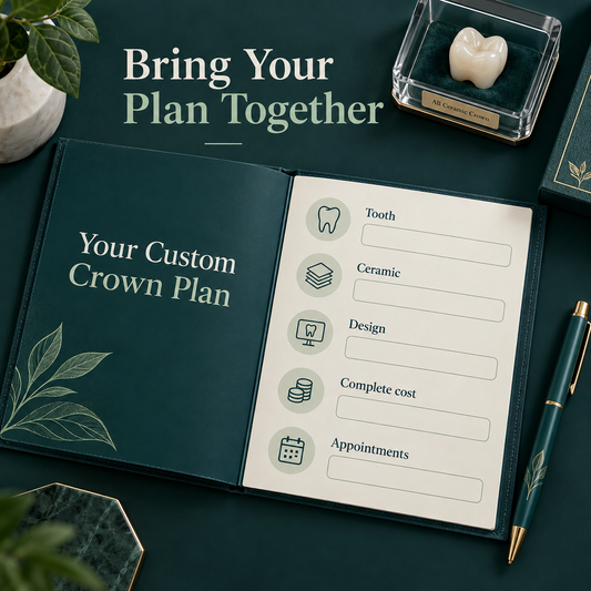 The final crown plan brings tooth, ceramic, scope, cost and appointments together. Educational illustration.