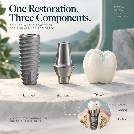 Implant body, connecting abutment and crown shown as three parts of one restoration.