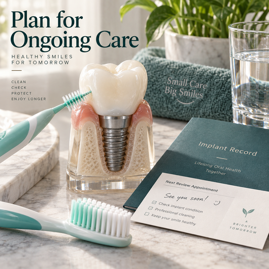 Daily cleaning tools, an implant record and a review reminder for continuing care.