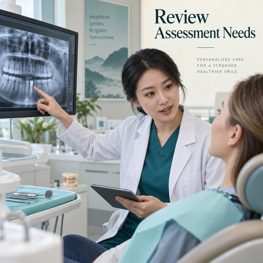 Chinese dentist reviewing a dental radiograph to discuss assessment needs.