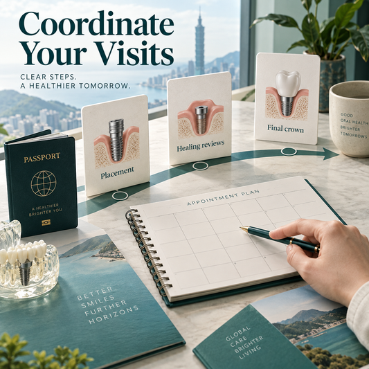 Appointment planning for placement, healing reviews and final crown fitting.