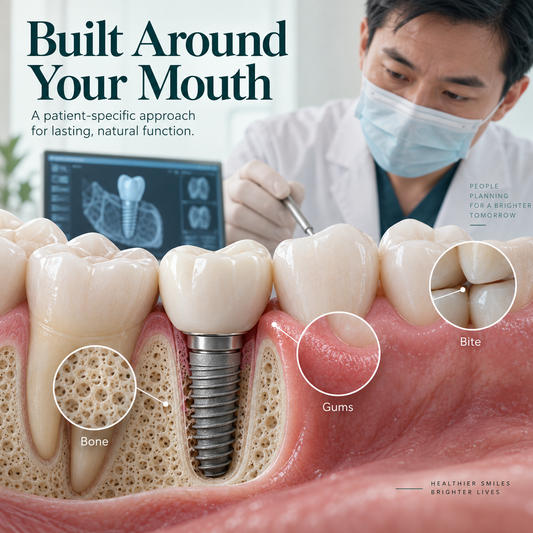 Bone, gum and bite considerations for an individual implant restoration plan.