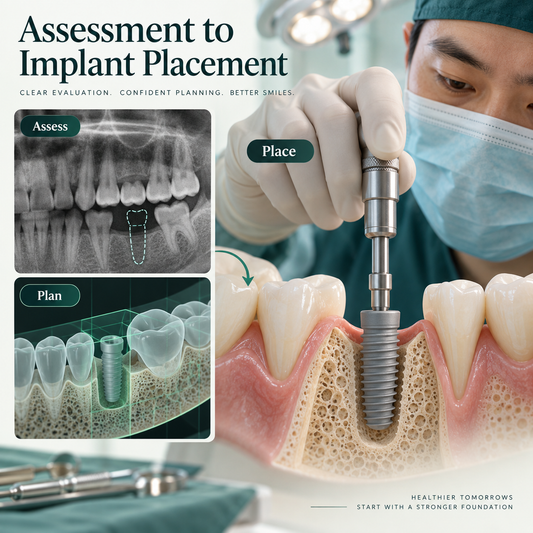 Assessment, planning and implant placement shown as distinct stages.