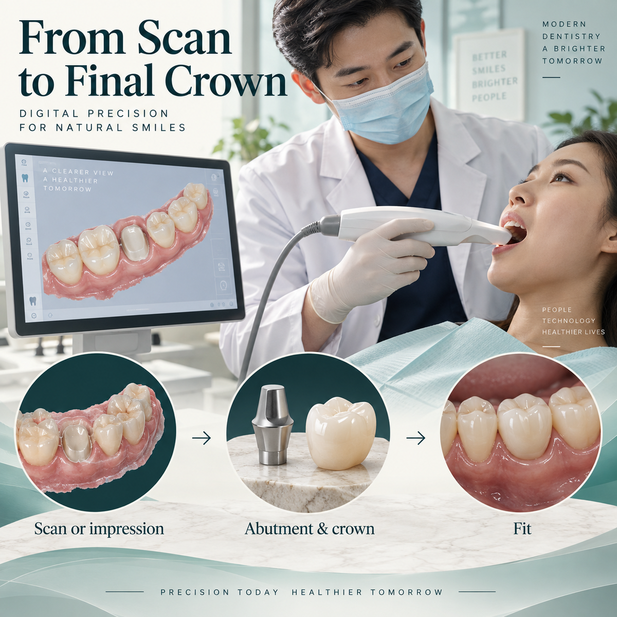 Scan or impression, abutment and crown, and final fitting in the restorative stage.