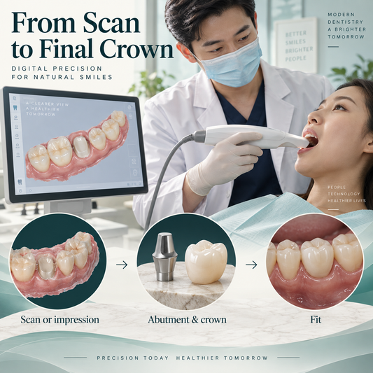 Scan or impression, abutment and crown, and final fitting in the restorative stage.