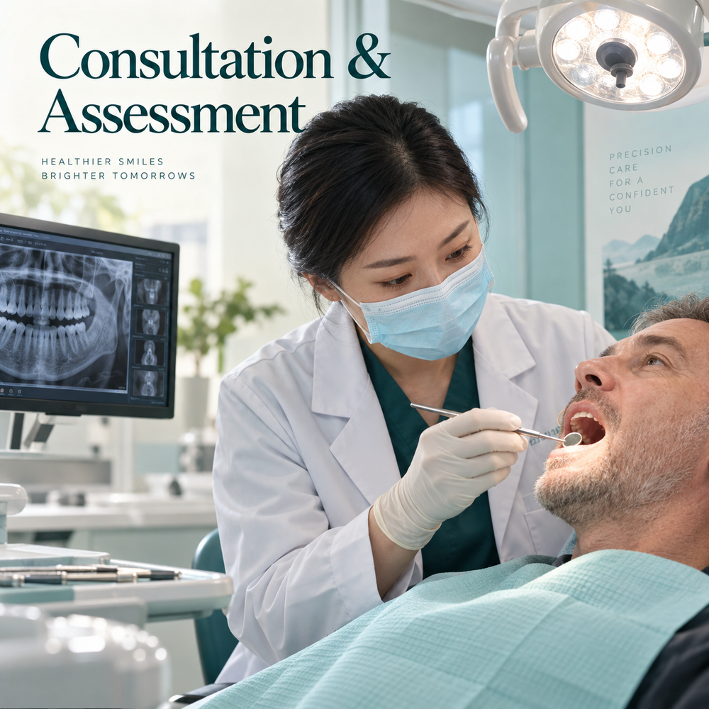 Chinese dentist performing an oral examination and pre-operative assessment.