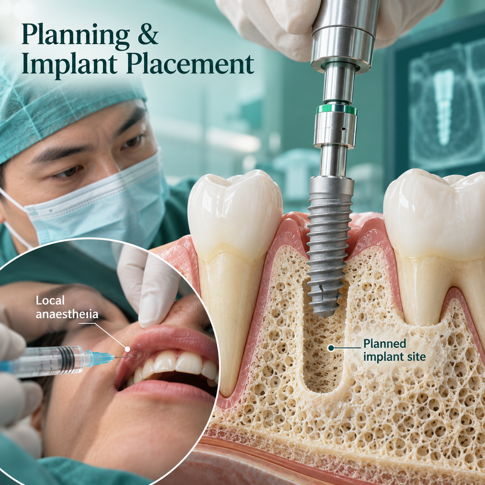 Educational illustration of local anaesthesia and implant placement at a planned site.
