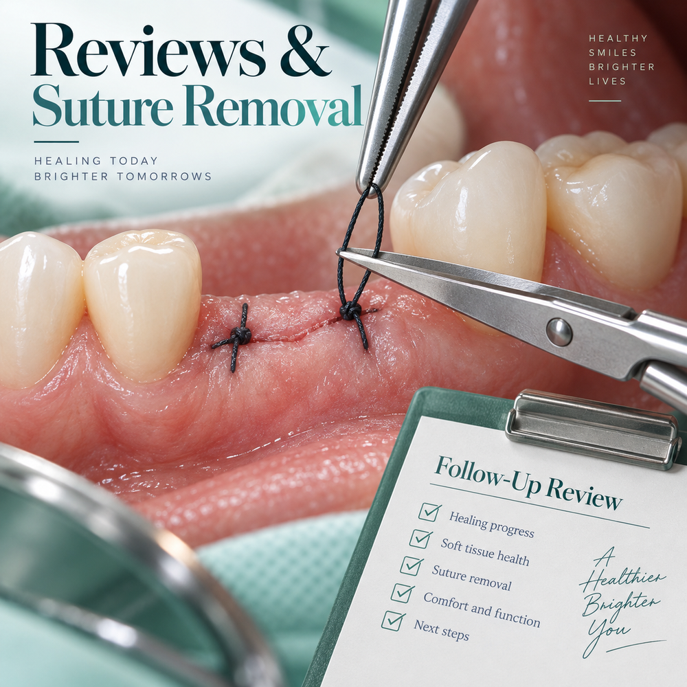 Treatment-period review and removal of a gum suture, shown as an educational illustration.