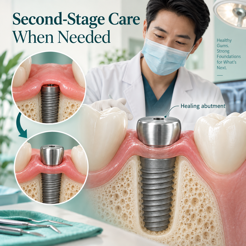 Healing abutment and gum shaping for second-stage care when required.