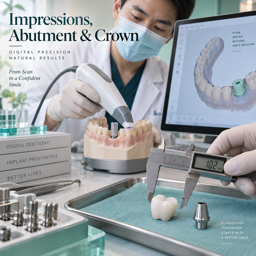 Digital scan and abutment and crown fabrication and fitting concepts.