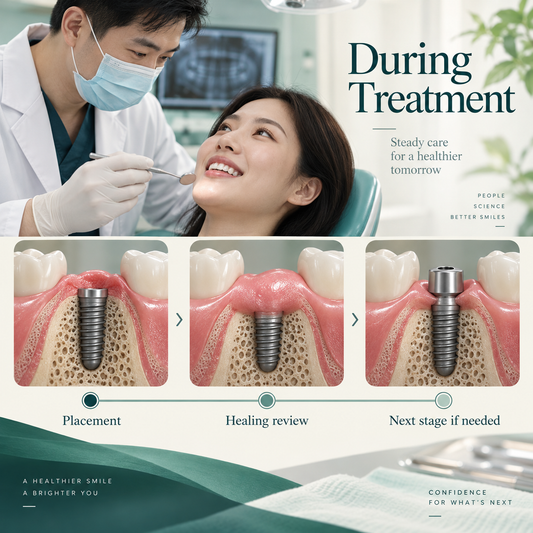 Implant placement, healing reviews and any required next-stage care during treatment.