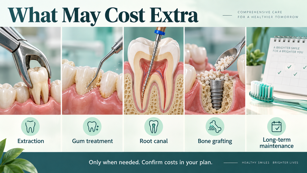 Potential separate costs for extraction, gum care, root canal, grafting and long-term maintenance.