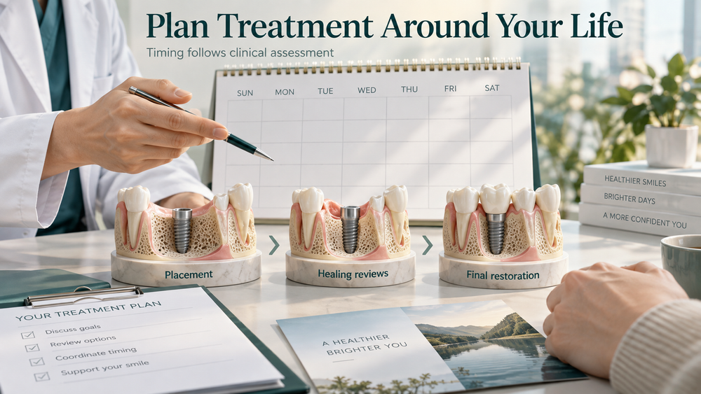 Treatment appointments planned around placement, healing reviews and final restoration.