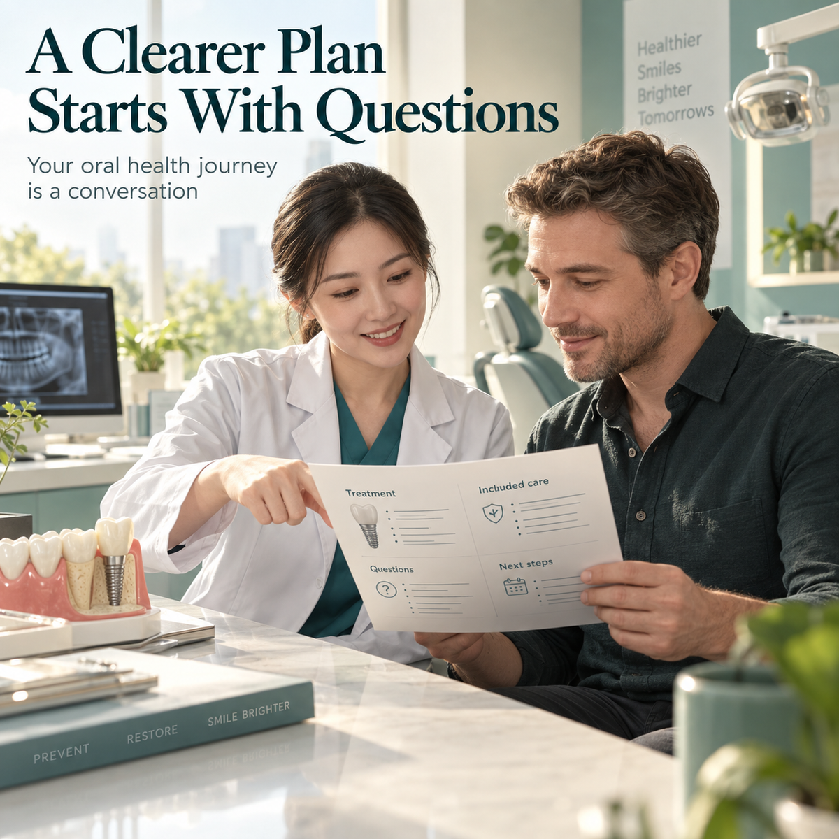 Chinese dentist and patient reviewing questions and the proposed implant treatment plan.