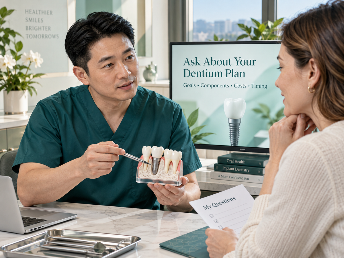 Chinese dentist and patient discussing Dentium goals, components, costs and preferred timing.