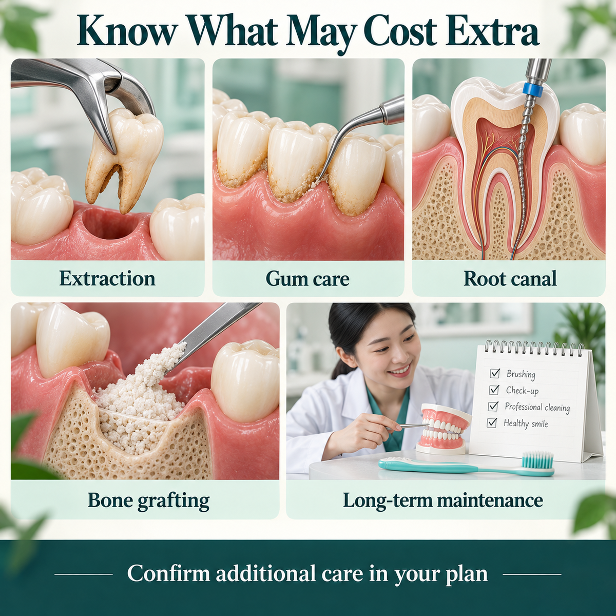 Potential separate costs for extraction, gum care, root canal, grafting and long-term maintenance.