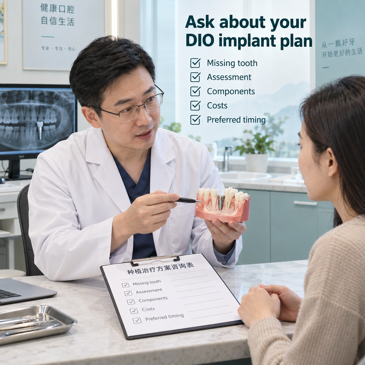 Chinese dentist and patient discussing a DIO implant treatment plan. Exact components require clinical confirmation.