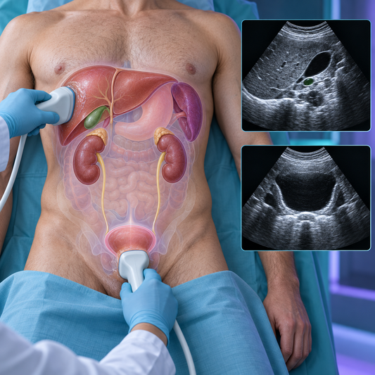 Upper-abdominal and urinary-system ultrasound assessment for an adult man