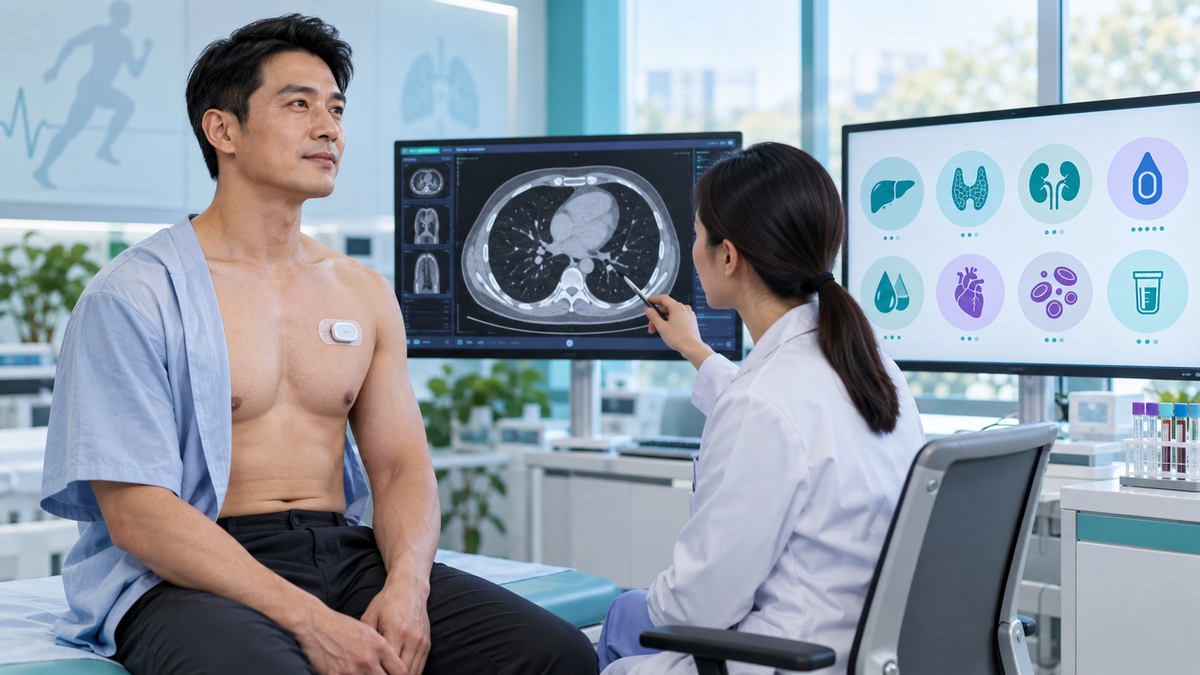 Metabolic laboratory profile with non-contrast chest CT and ambulatory ECG for men