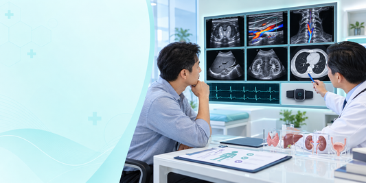 Men’s health screening consultation with reserved copy space and coordinated vascular, organ and cardiopulmonary displays
