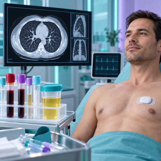 Laboratory testing, non-contrast chest CT and ambulatory ECG for an adult man