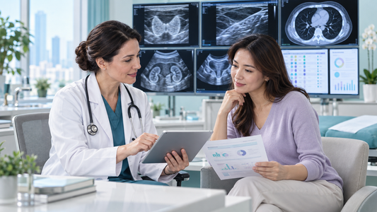 Adult woman reviewing a broad baseline screening plan with a female physician and coordinated diagnostic displays
