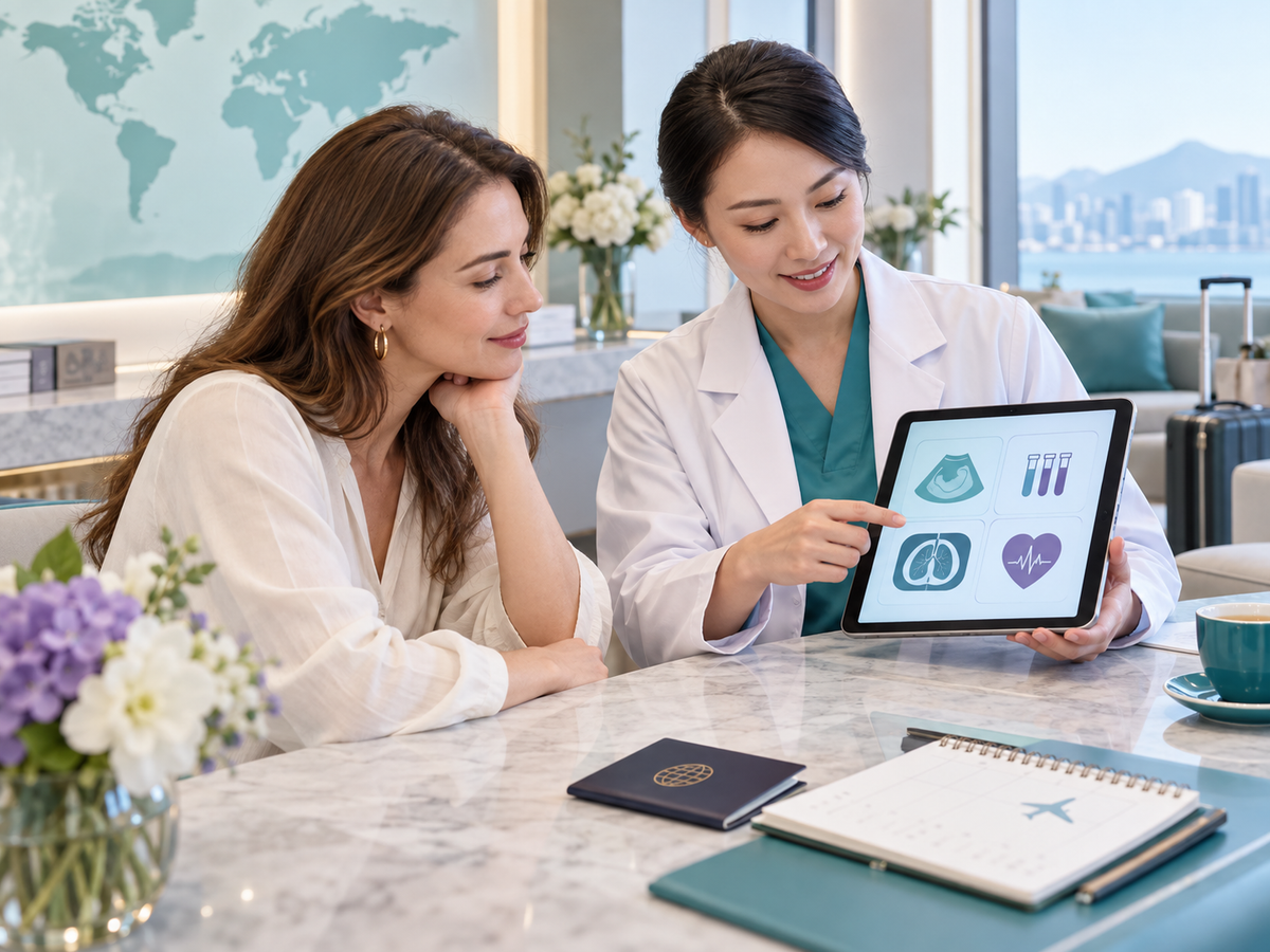 International patient coordinator reviewing a personalized women’s screening itinerary