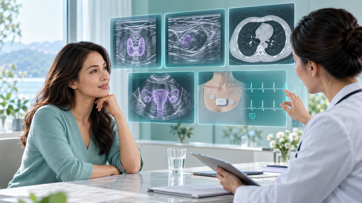Woman reviewing a coordinated screening plan covering ultrasound, chest CT and ambulatory ECG