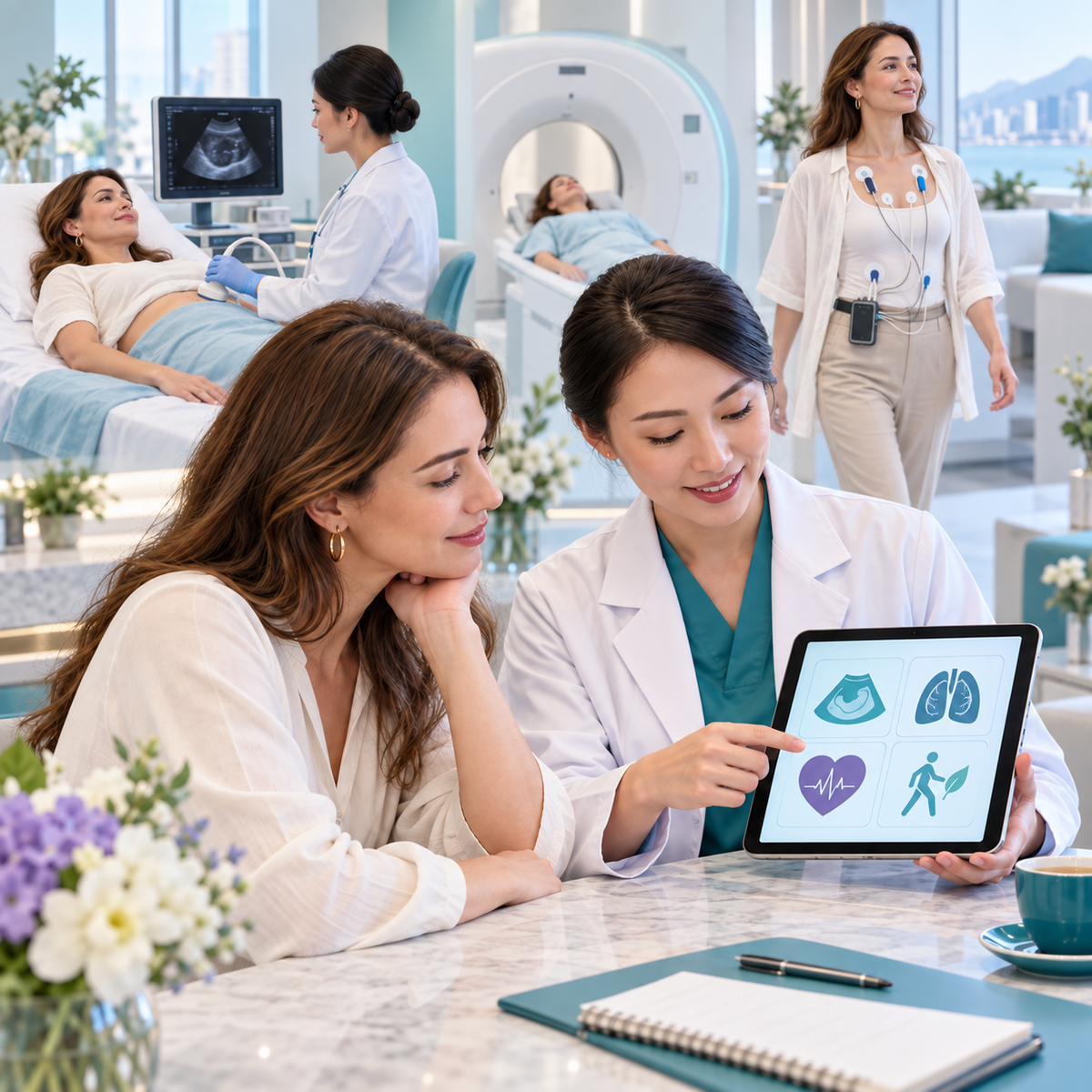 Adult woman completing screening and reviewing organized reports with a clinician