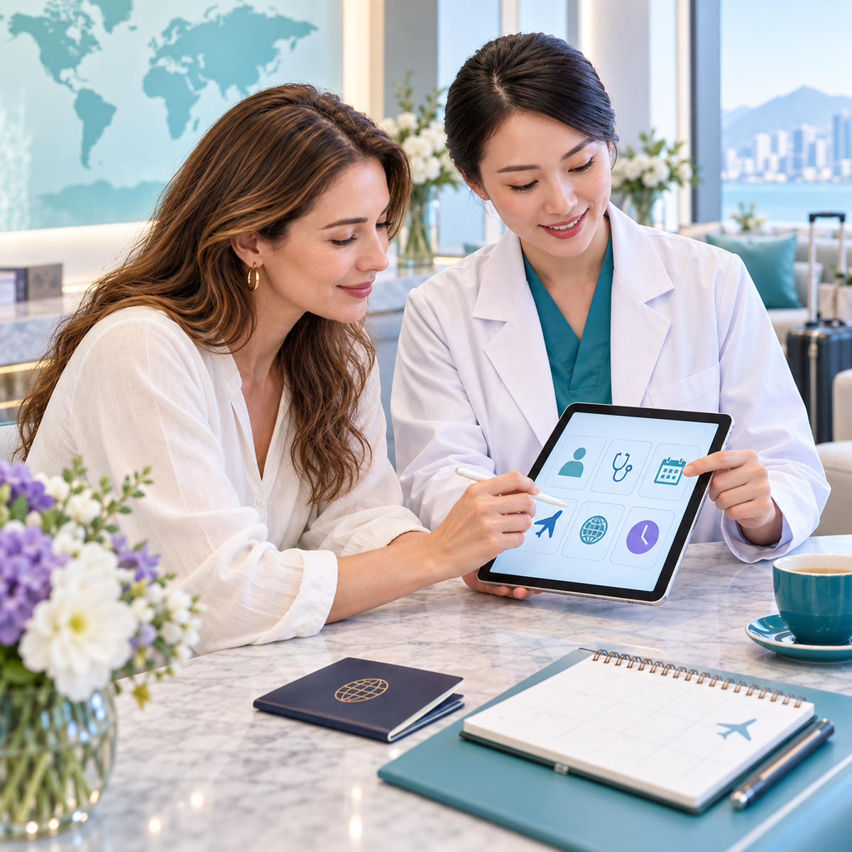 Adult woman submitting health needs and preferred timing with an international patient coordinator