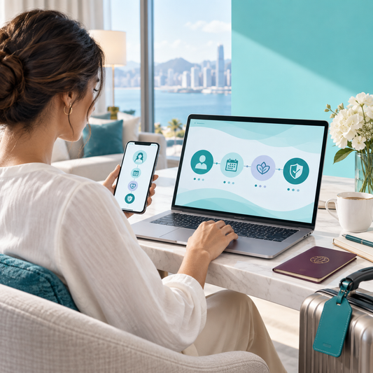 Adult woman submitting health needs and preferred timing online before traveling