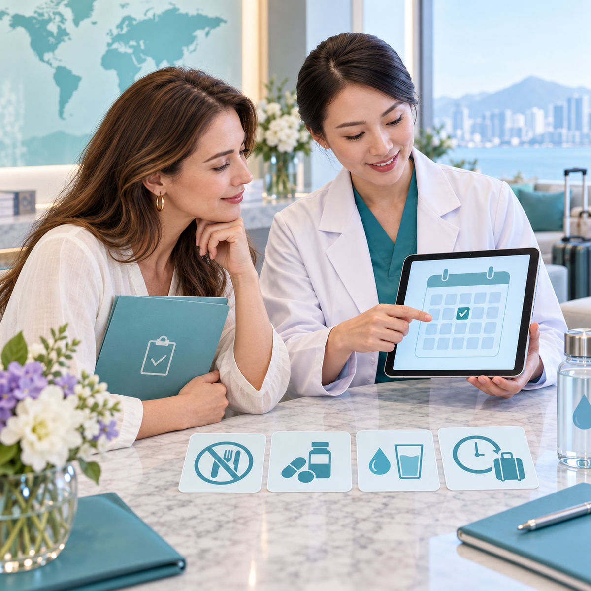 Care coordinator confirming an appointment and preparation guidance with an adult woman