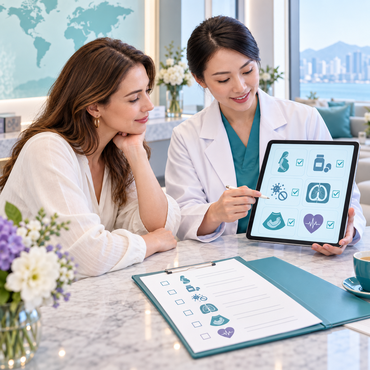 Physician and adult woman reviewing screening scope, health history and suitability