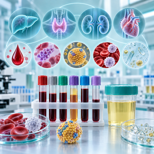 Laboratory testing for organ function, glucose, lipids, blood cells and urinalysis