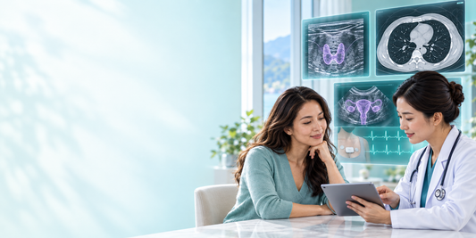 Women’s screening consultation with reserved copy space and displays for ultrasound, chest CT and ambulatory ECG
