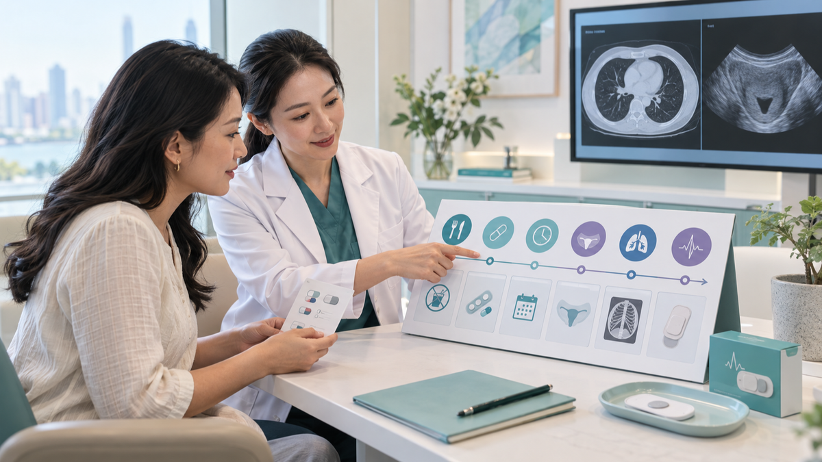 Clinician reviewing individualized fasting, medication, appointment and screening suitability instructions with an adult woman