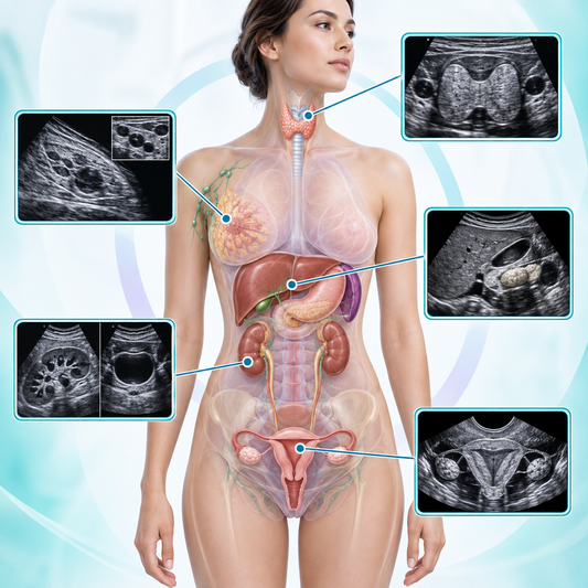 Women-focused ultrasound areas including thyroid, breast, abdomen, urinary system and pelvis