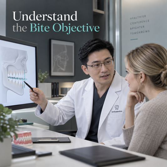 The clinician explains a Class II bite objective. Educational illustration.