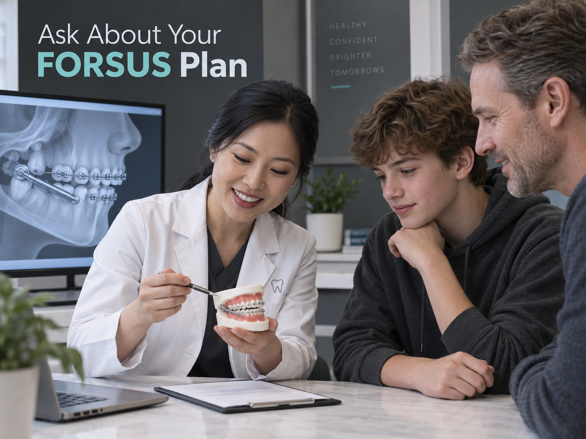 A FORSUS discussion connects the adjunct with existing braces. Educational illustration.