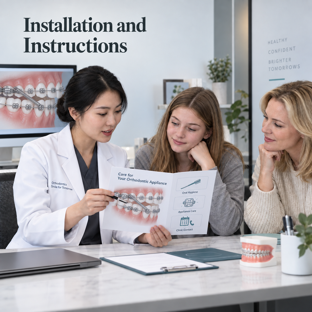 The patient receives installation and care instructions. Educational illustration.