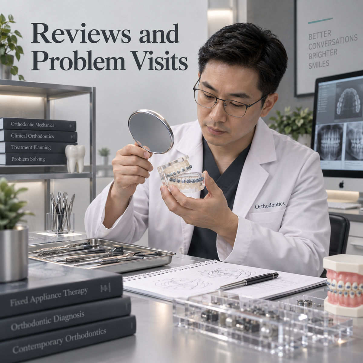 A clinic review considers appliance condition. Educational illustration.