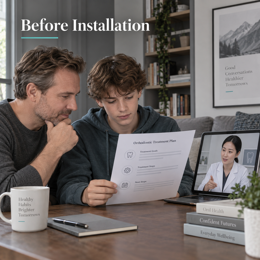 The family reviews the adjunct plan before placement. Educational illustration.