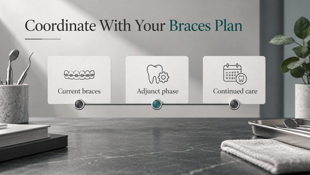 Appointments follow the existing orthodontic plan. Educational illustration.