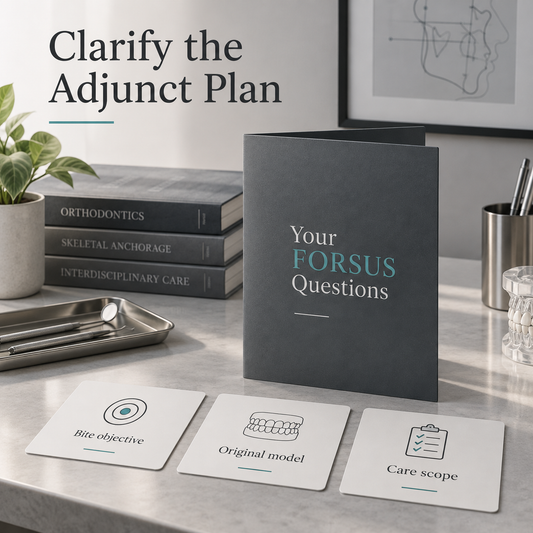 The consultation covers bite objective and the specific quote. Educational illustration.