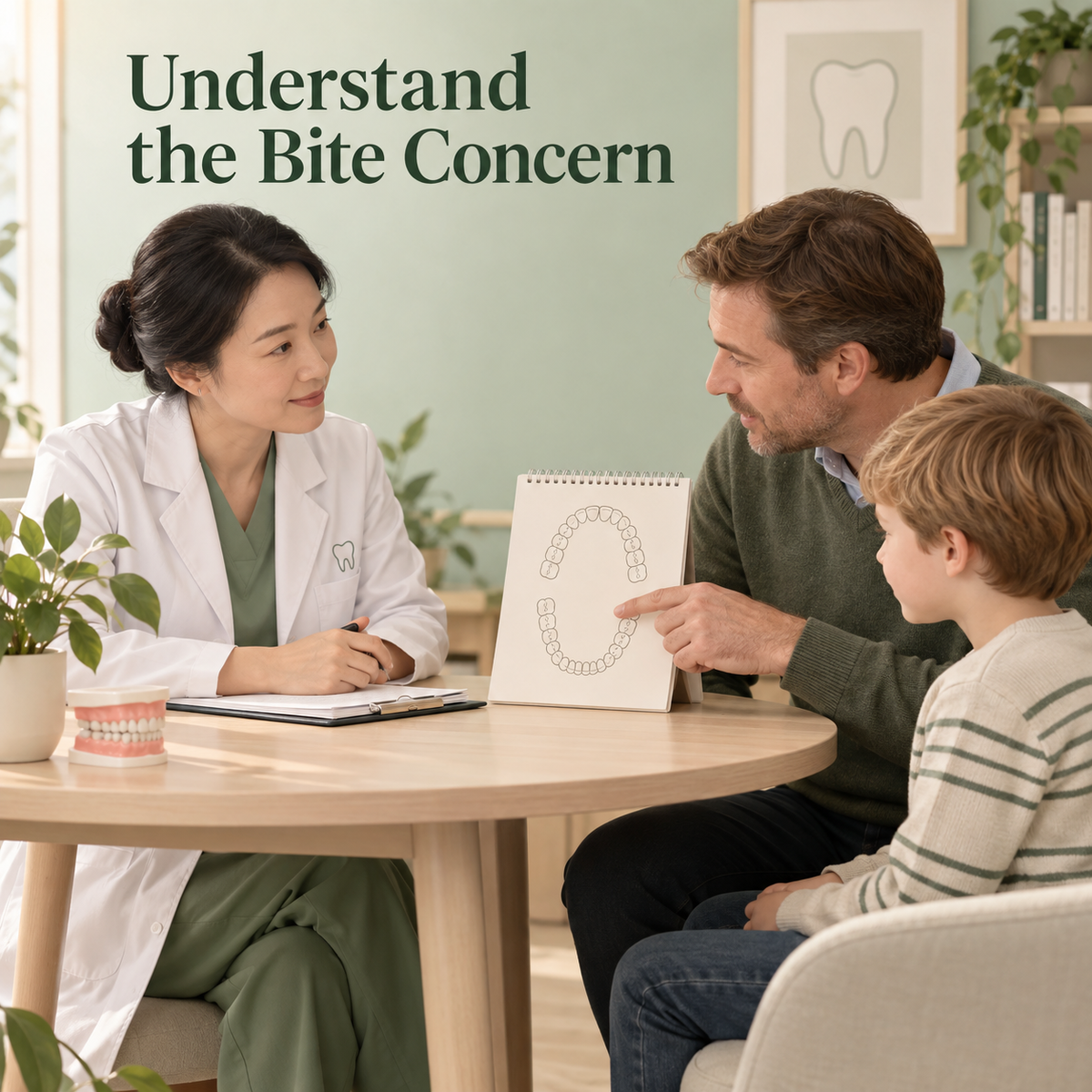 A parent describes a child’s crossbite concern. Educational illustration.