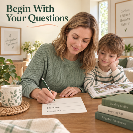 A family records initial questions. Educational illustration.