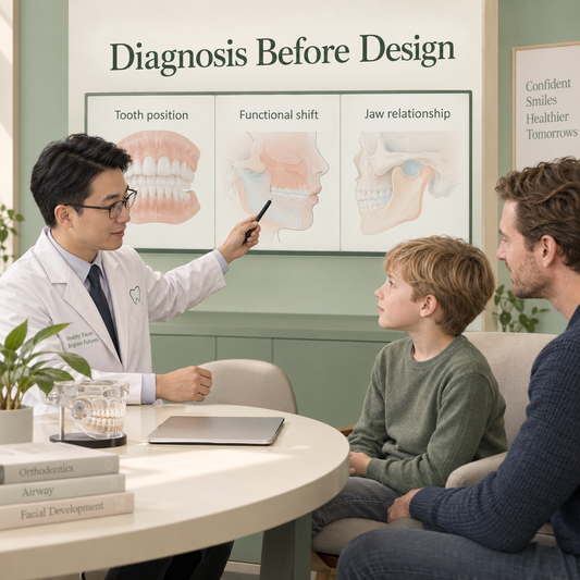 Clinical assessment distinguishes different causes of a crossbite. Educational illustration.
