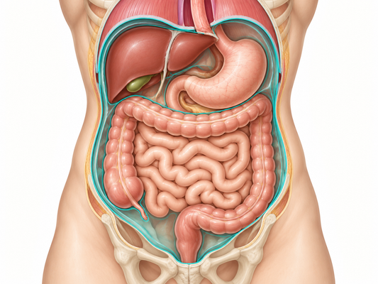 AI-generated educational model showing abdominal organs and the peritoneal lining.
